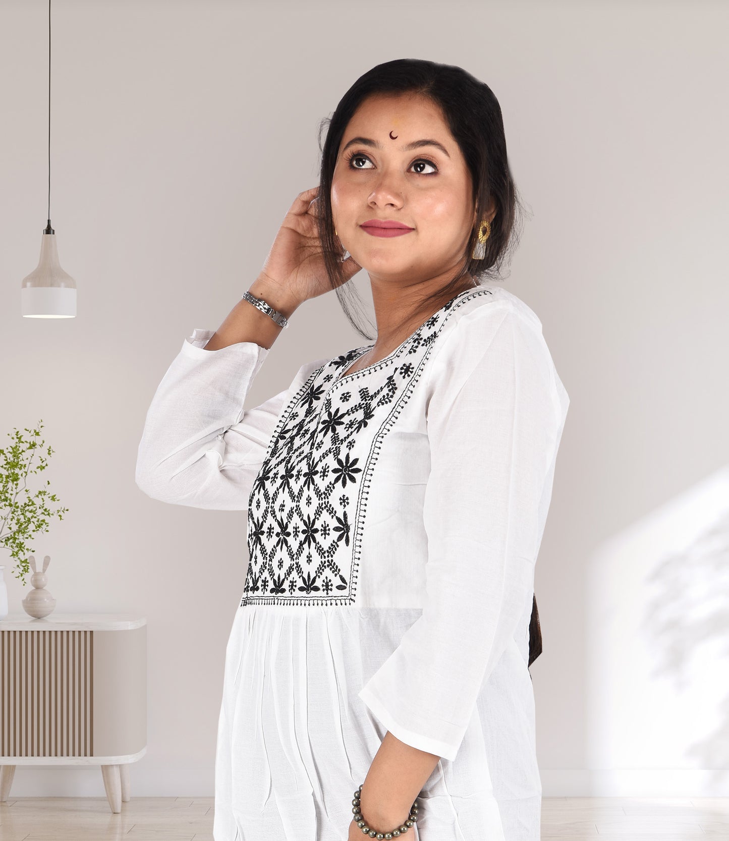 White Rayon Top with Black Embroidery