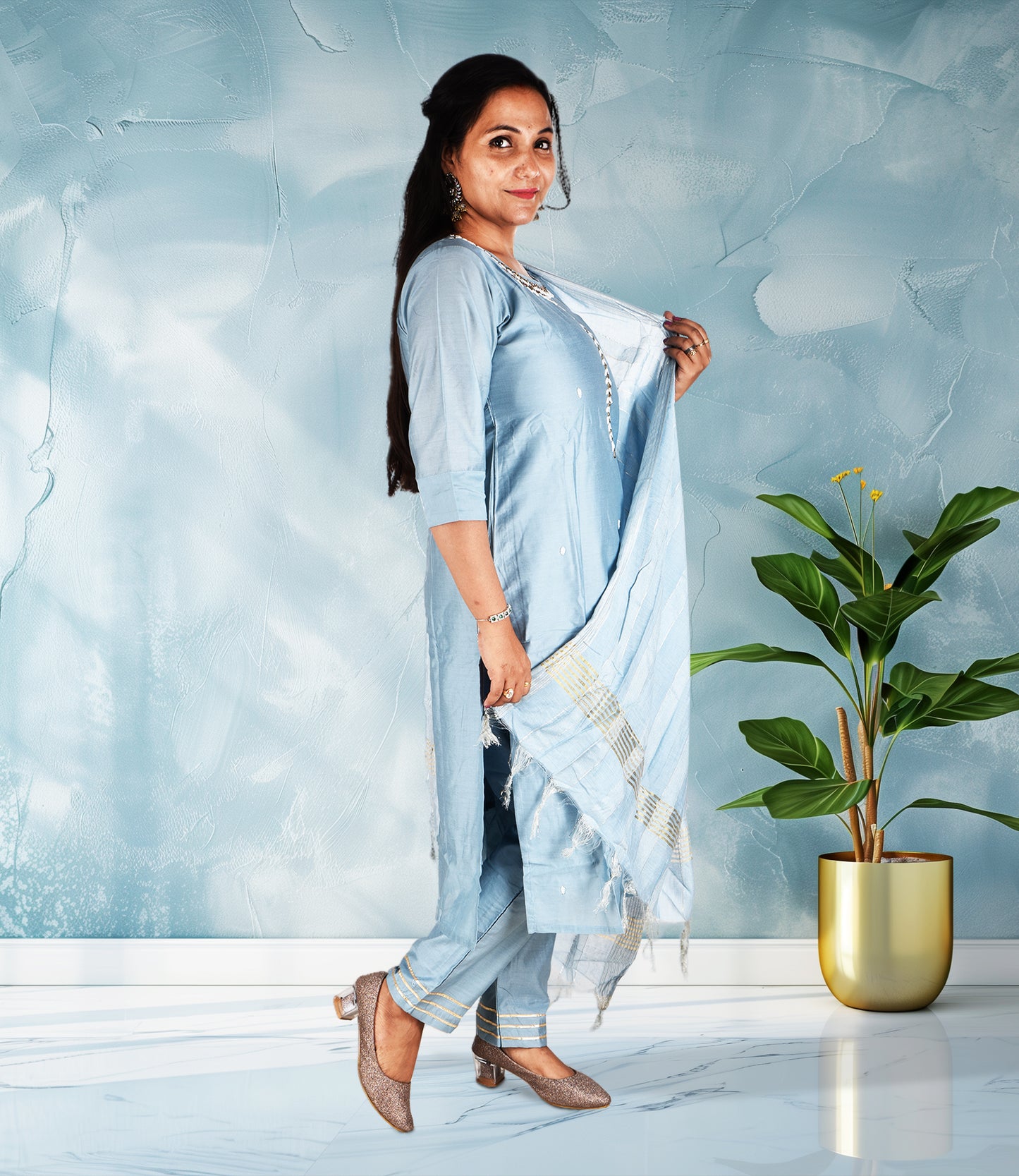 Blue Beads Sequence Work Kurta, Pants with Dupatta Set