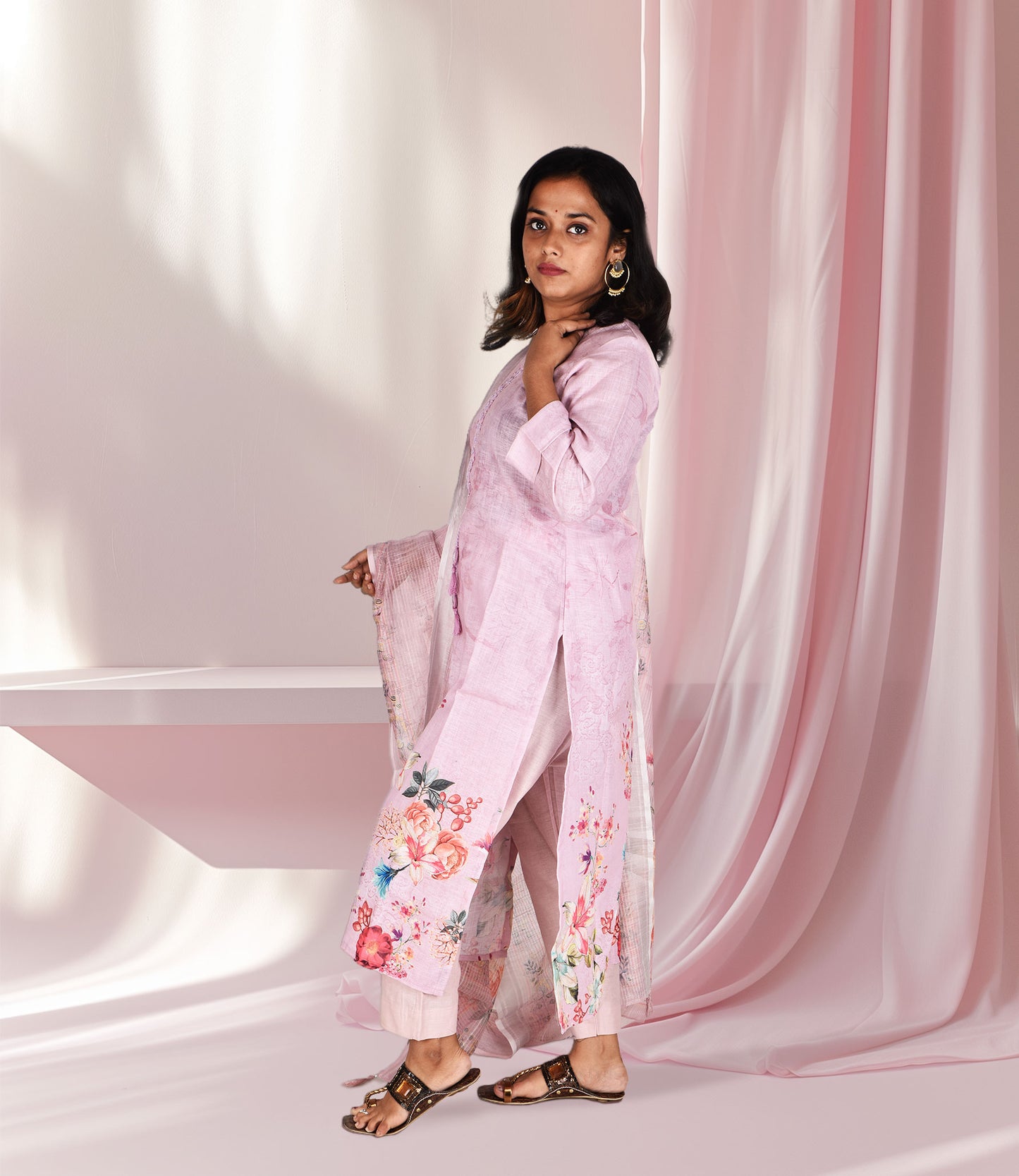 Pink Floral Print Embroidery Work Kurta, Pants with Dupatta Set