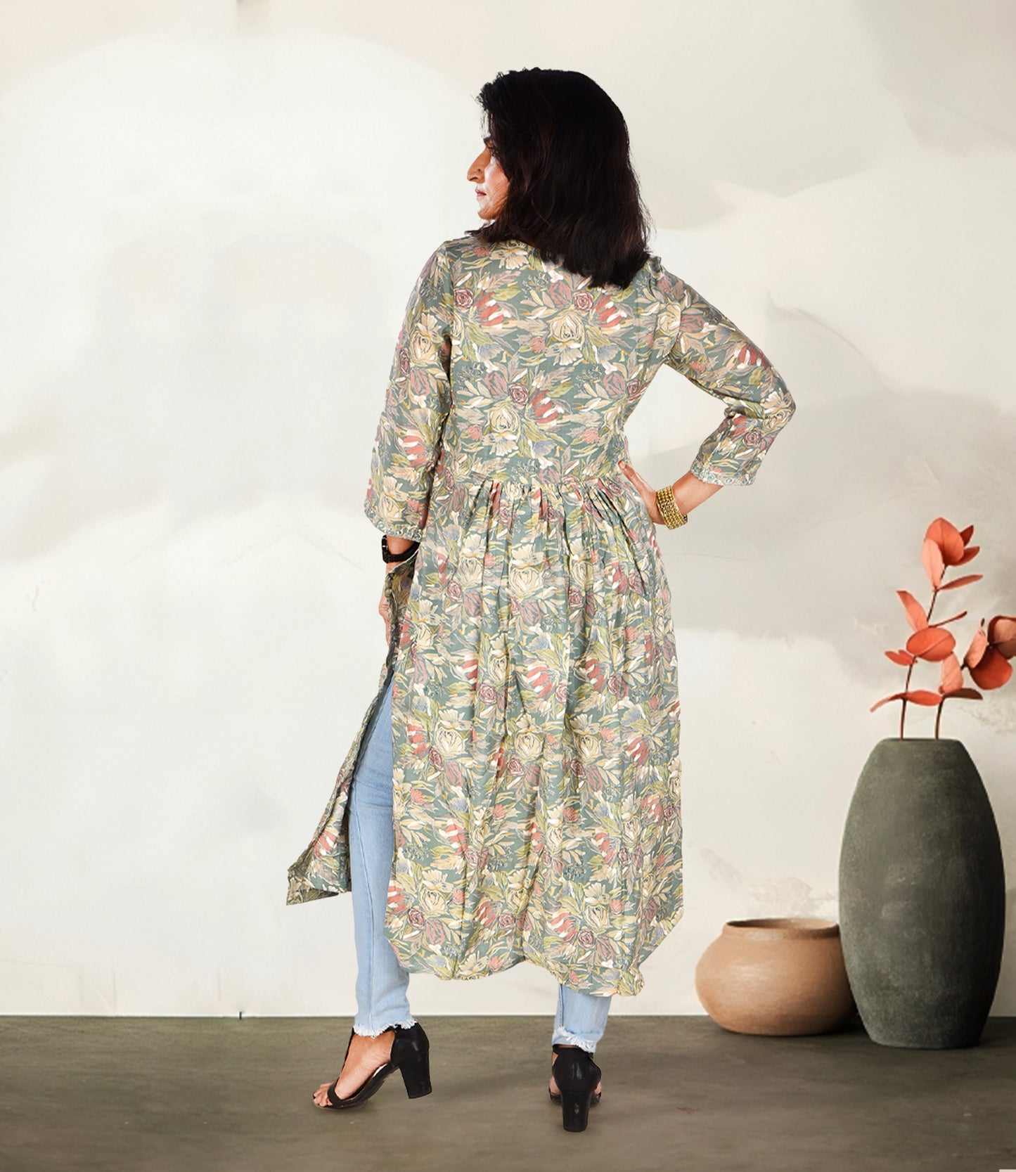 Multi Color Floral Print Long Side Slit Kurta