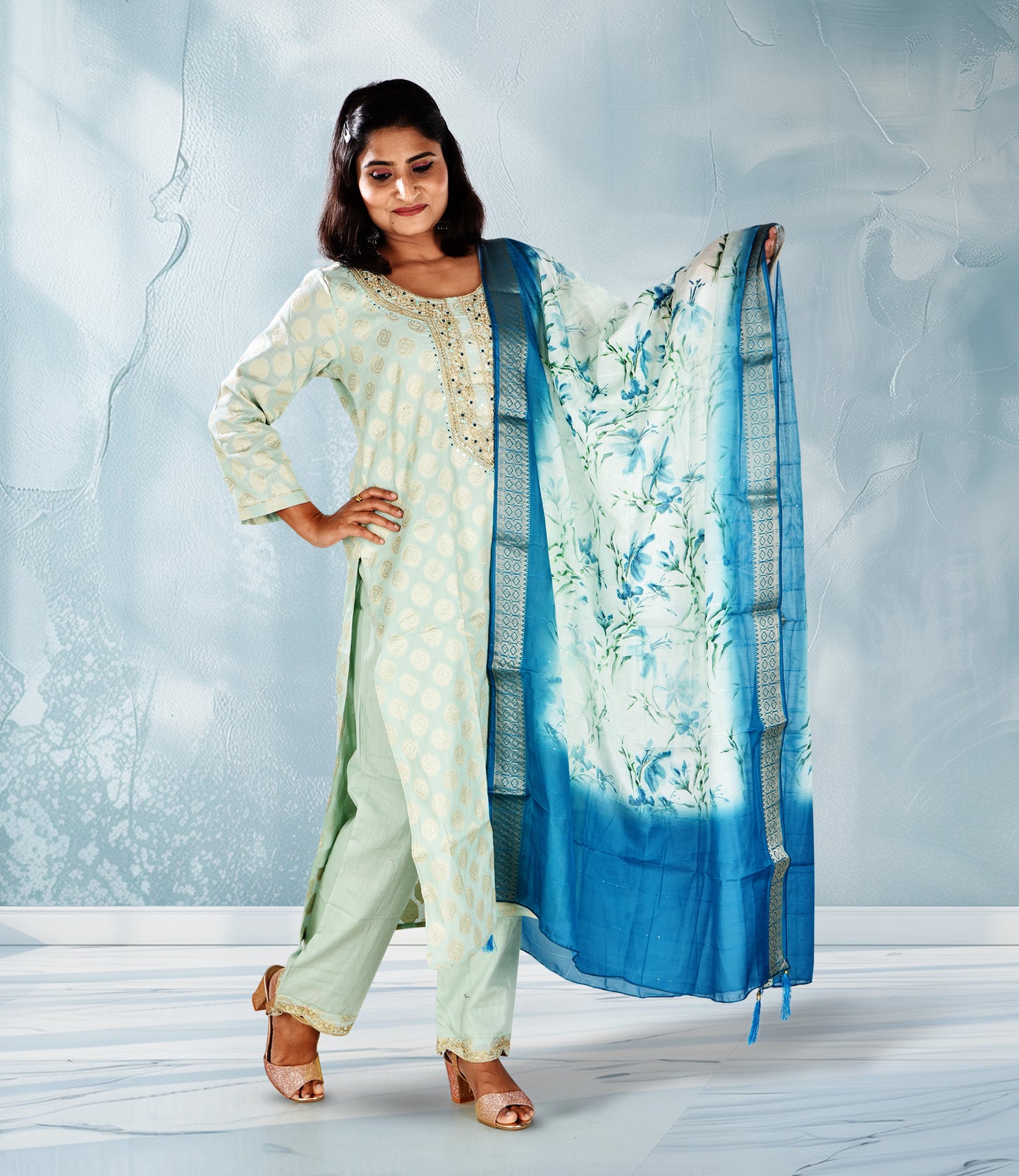 Sea Green Chanderi Silk Embriodery Kurta with Trousers and Dupatta