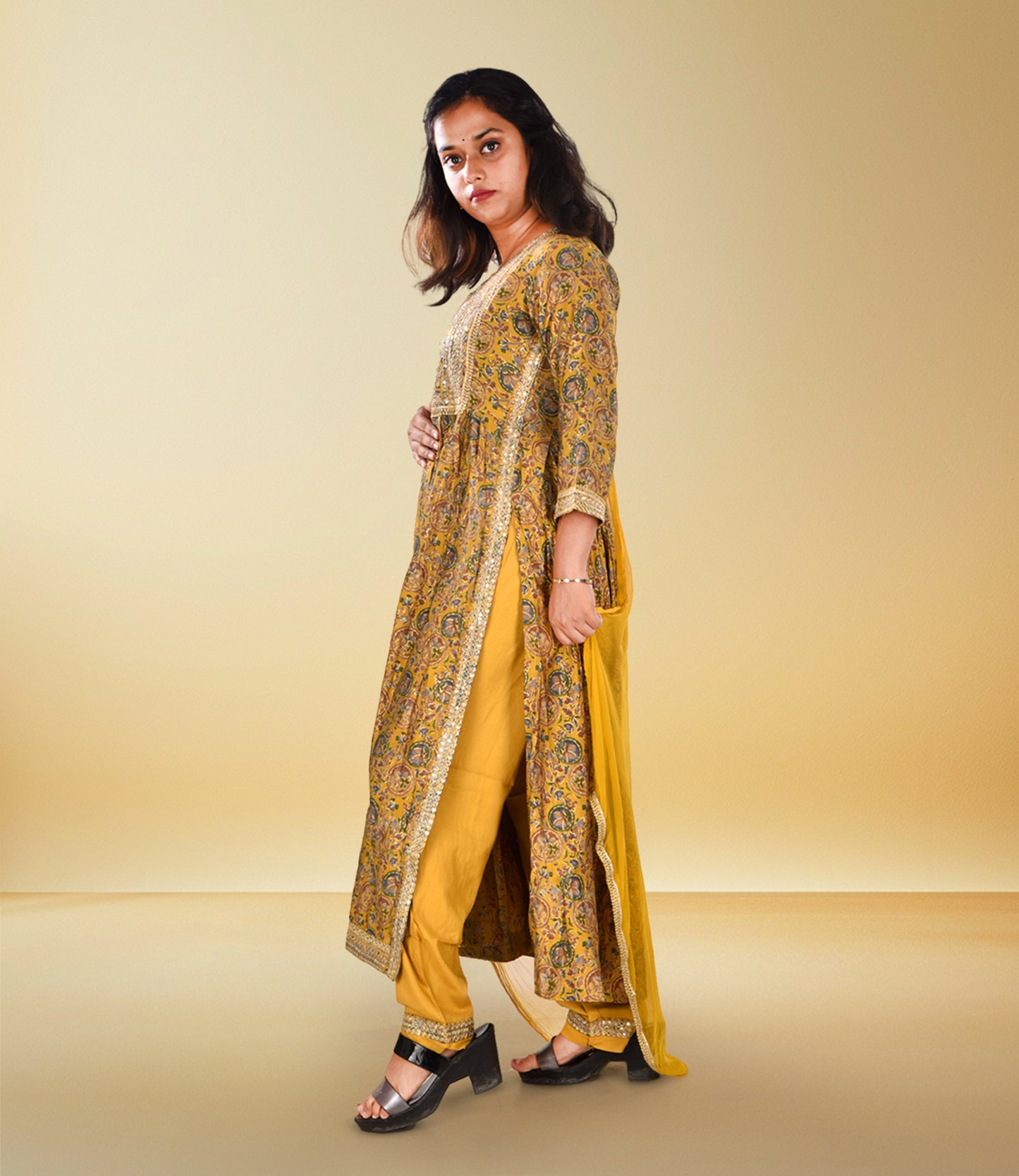 Yellow Viscos Rayon Embroidery Kurta with Dupatta Set