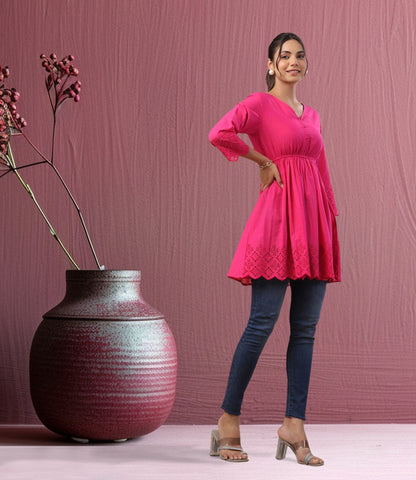 Pink Cotton Schiffli Fit and Flare Tunic