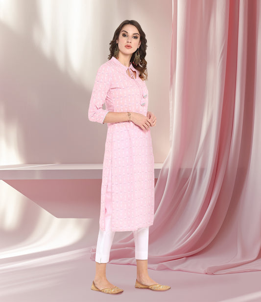 Pink Cotton Floral Print Straight Kurta