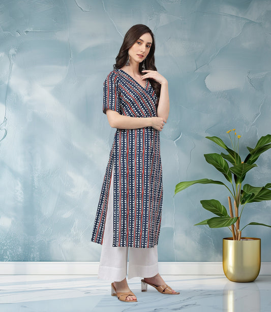 Navy Blue Cotton Geometric Straight Kurta