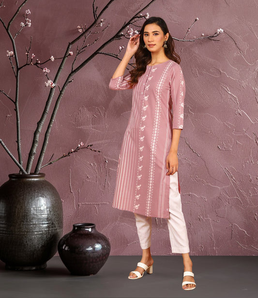 Pastel Pink Cotton Animal Print Straight Kurta