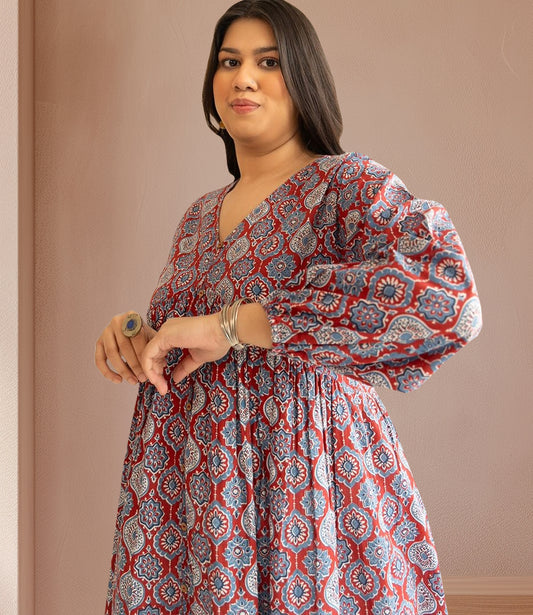 Plus Size Red Cotton Ethnic Motifs A-Line Kurta