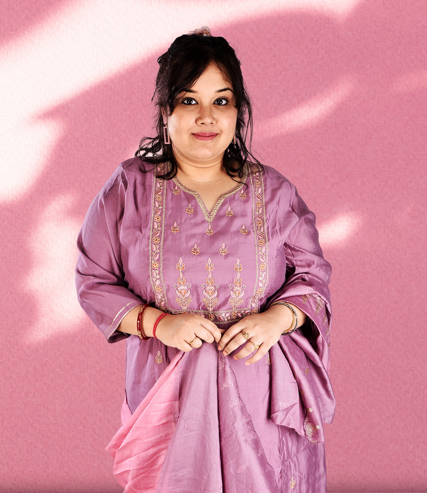 Violet Silk Embroidery Kurta with Trousers and Dupatta