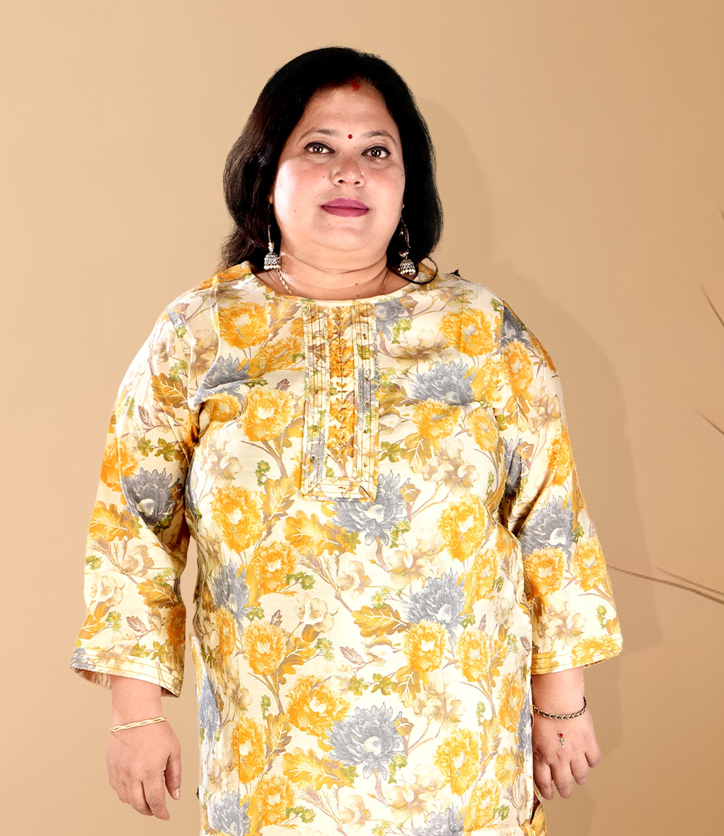 Yellow Floral Print Plus Size Muslin Kurti with Lemon Yellow Floral Print