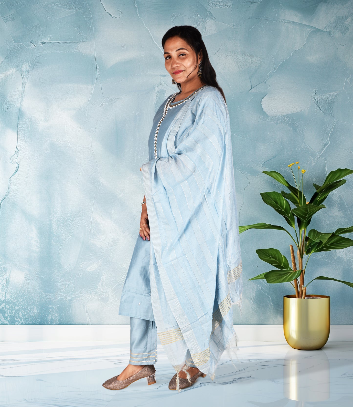 Blue Beads Sequence Work Kurta, Pants with Dupatta Set