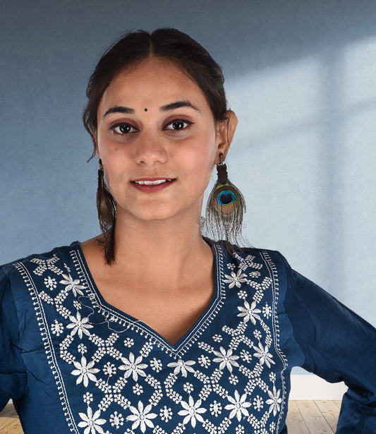 Blue Rayon Top with White Embroidery