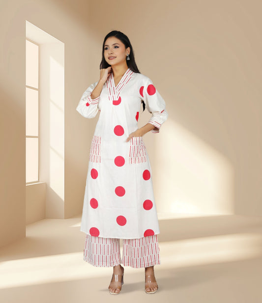 White Polka Dot Kurta Set with Pants