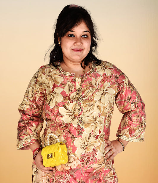 Multi Colored Floral Print Plus Size Muslin Kurti with Lemon Yellow Accents