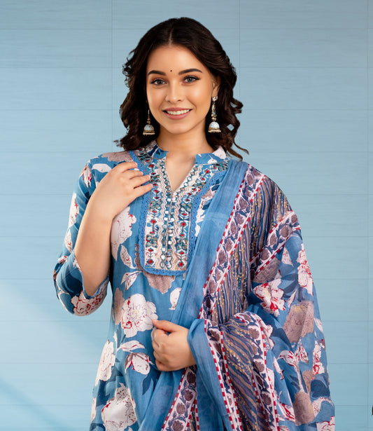 Blue and Beige Floral Print Salwar Suit