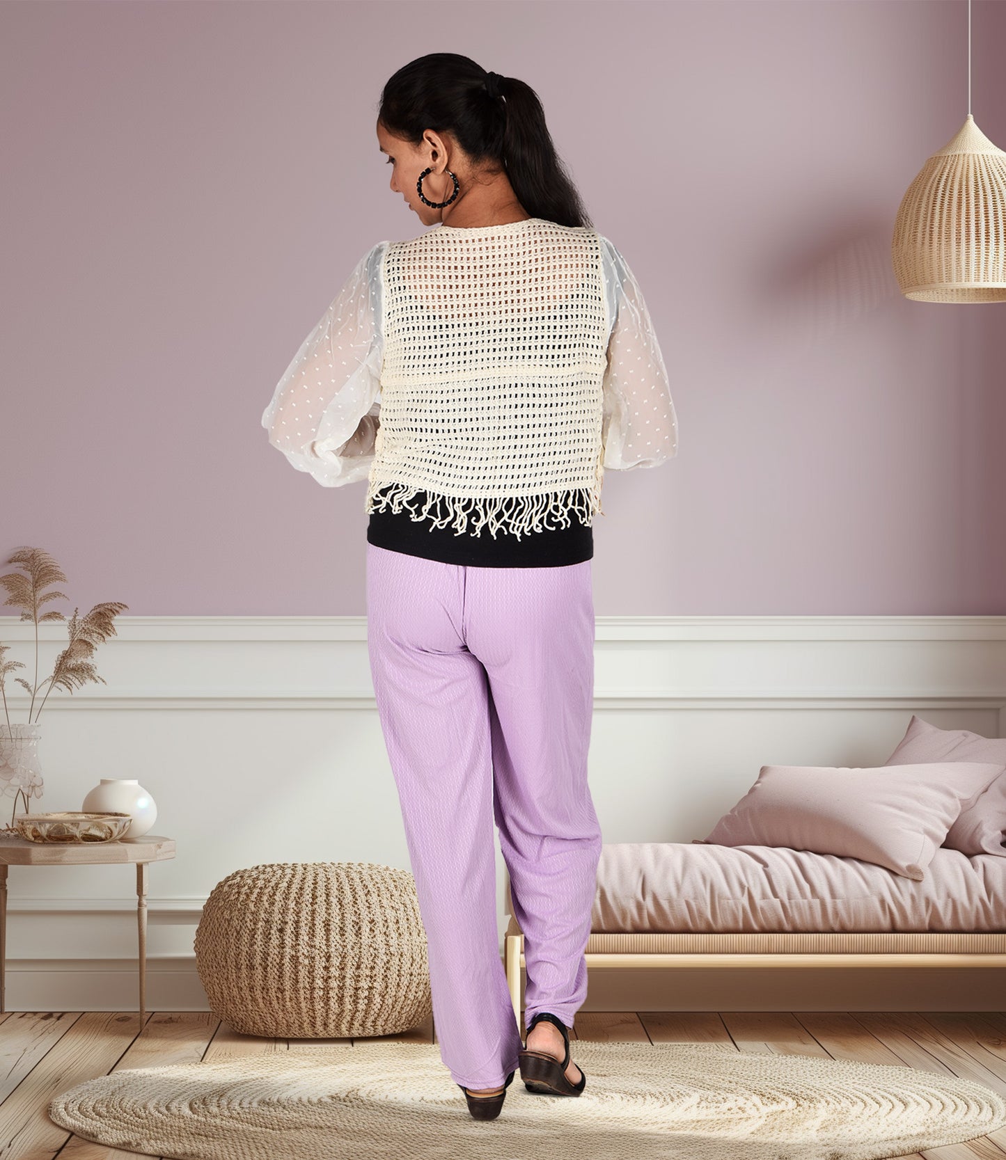 White and Pink Knitted Crochet Crop Top with Purple Trousers