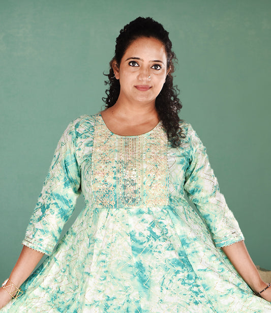 Green Flared Sleeves Floral Print Mirror Work Anarkali Kurta