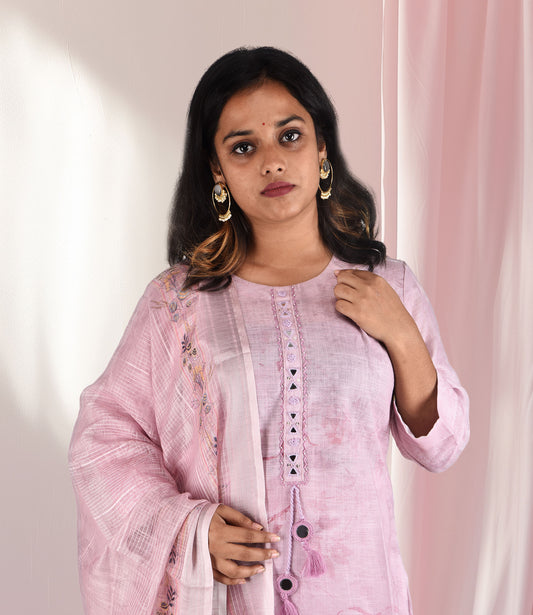 Pink Floral Print Embroidery Work Kurta, Pants with Dupatta Set