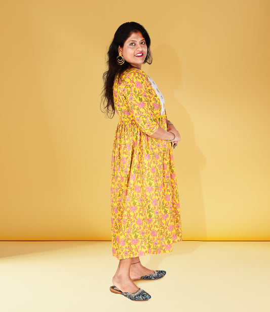 Yellow Cotton Flared Ethnic Dress