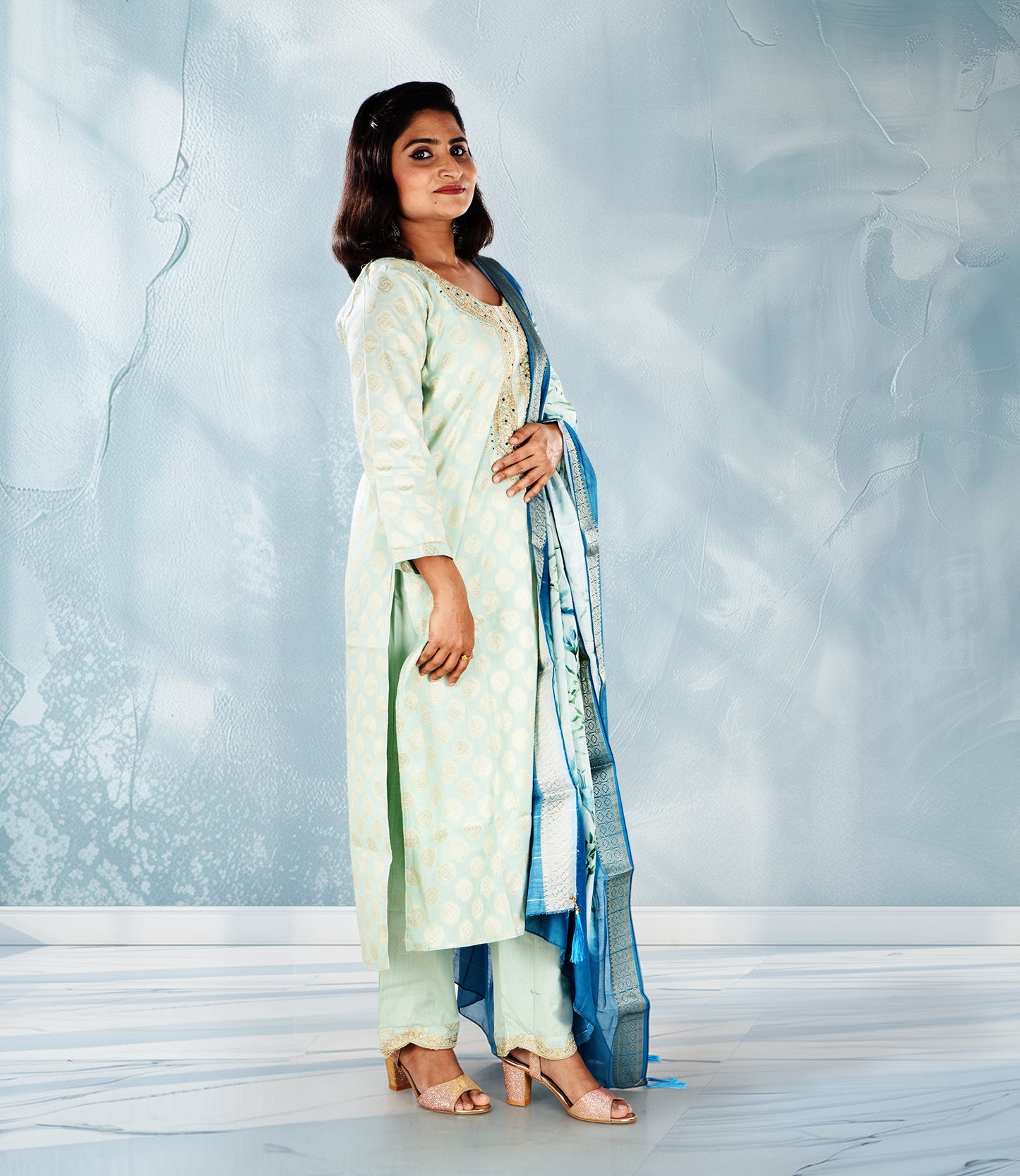 Sea Green Chanderi Silk Embriodery Kurta with Trousers and Dupatta