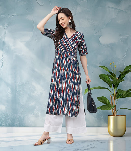 Navy Blue Cotton Geometric Straight Kurta