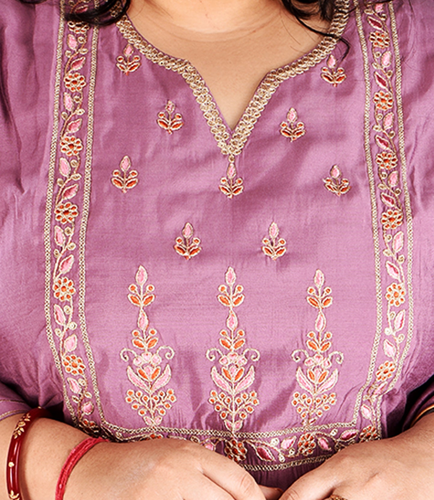 Violet Silk Embroidery Kurta with Trousers and Dupatta