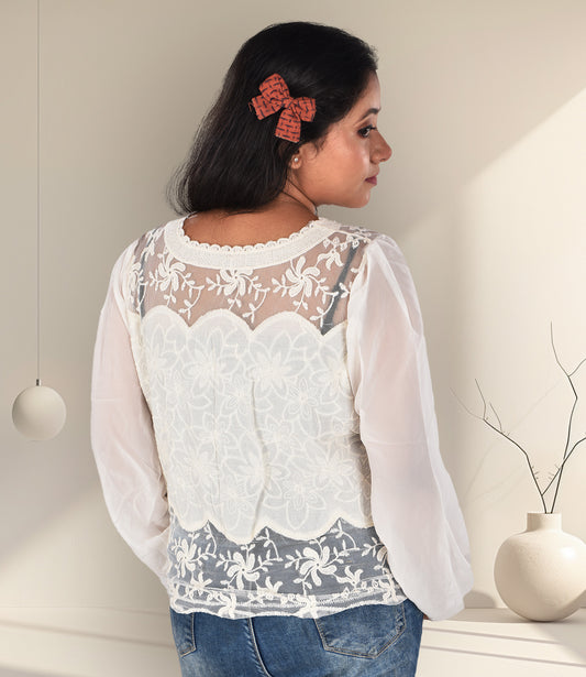 White Net Self Embroidery Top/Shrug, Free Size