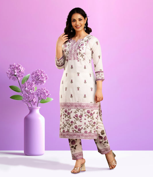 White Floral Print Kurta Set