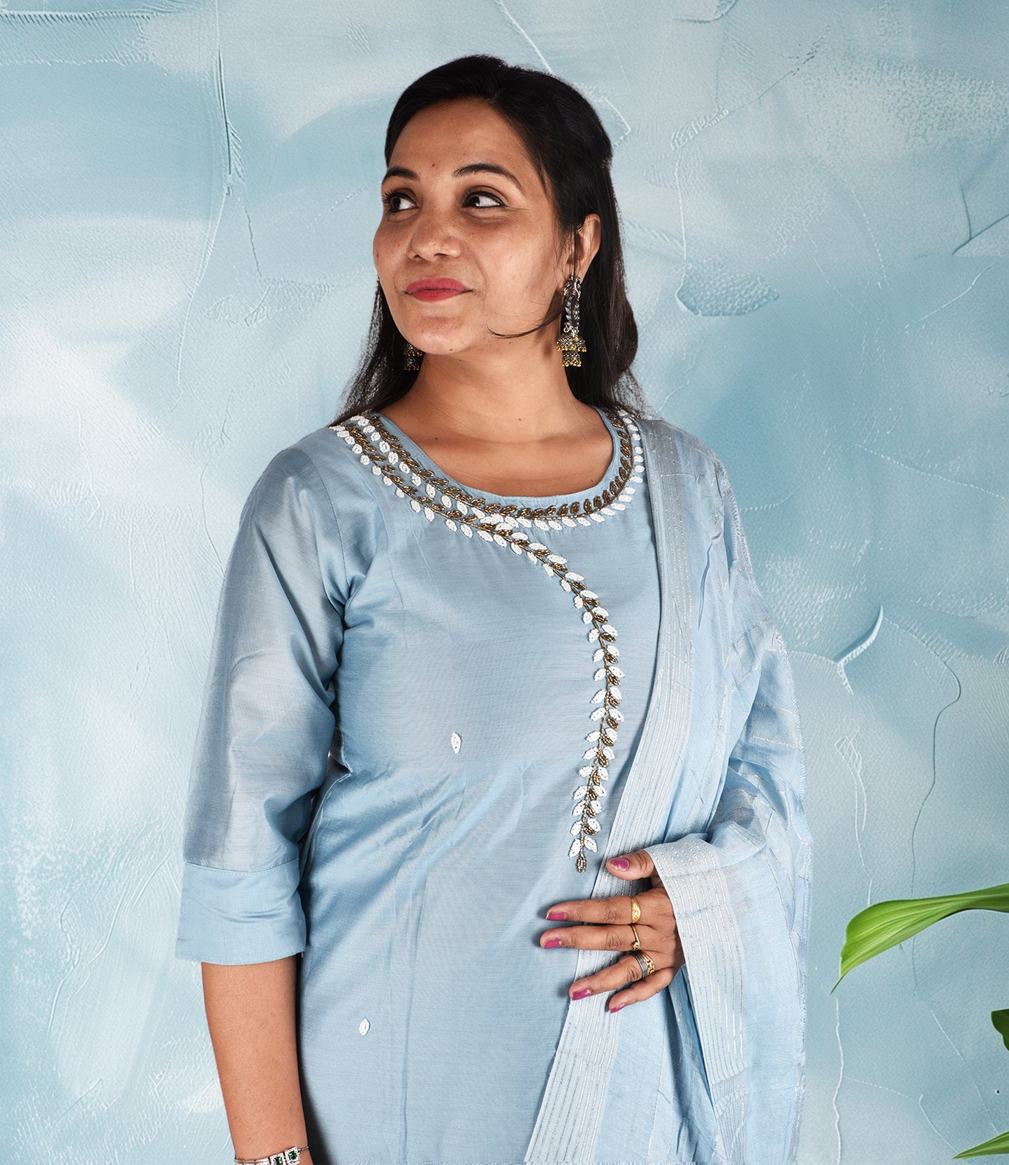 Blue Beads Sequence Work Kurta, Pants with Dupatta Set