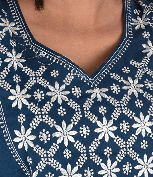 Blue Rayon Top with White Embroidery