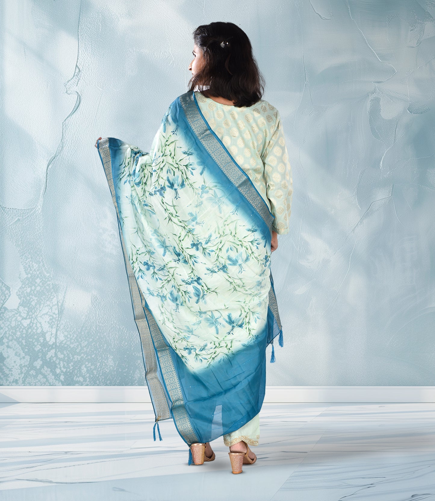 Sea Green Chanderi Silk Embriodery Kurta with Trousers and Dupatta