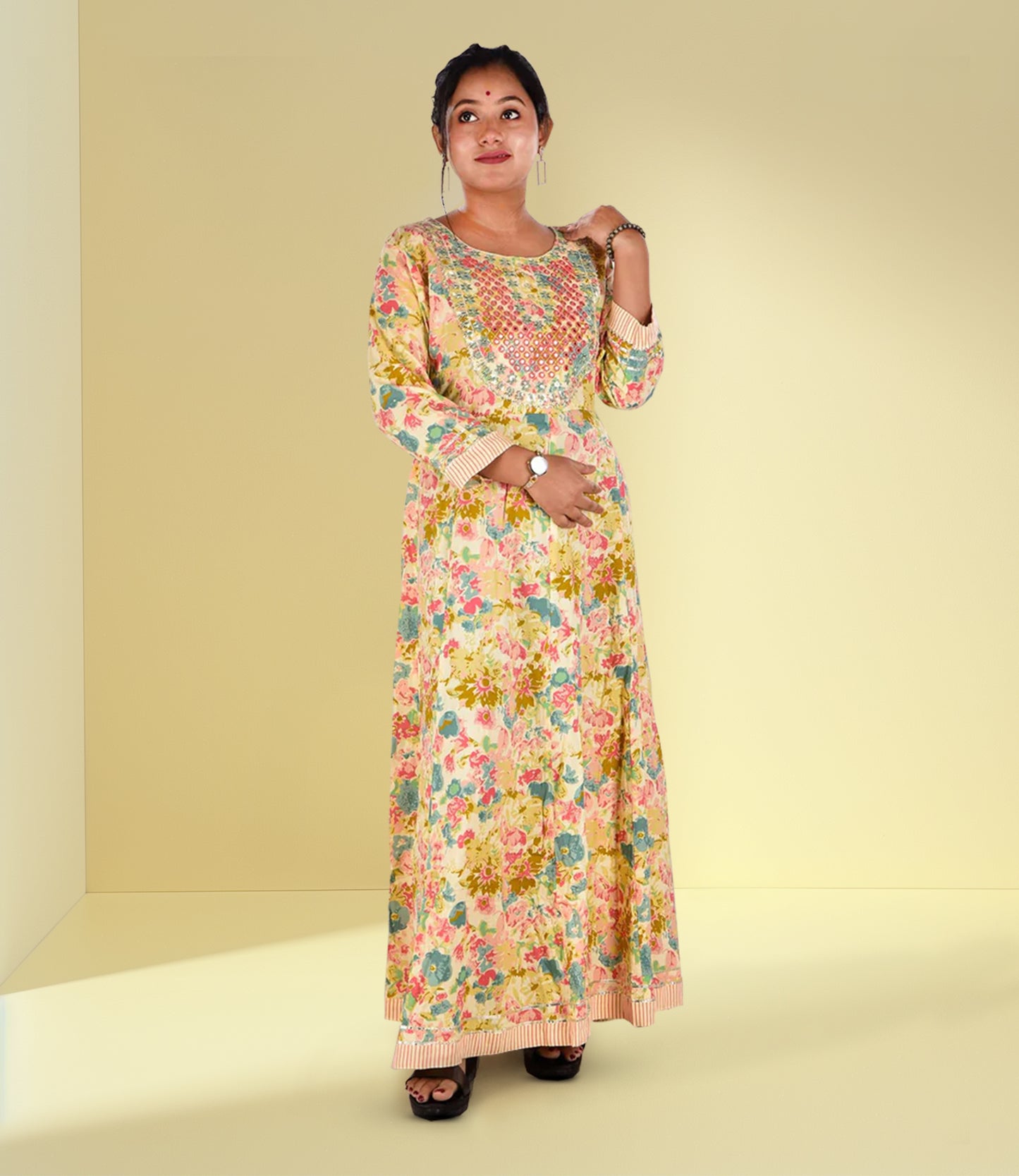 Multi Flared Sleeves Floral Print Anarkali Kurta with Mirror Work