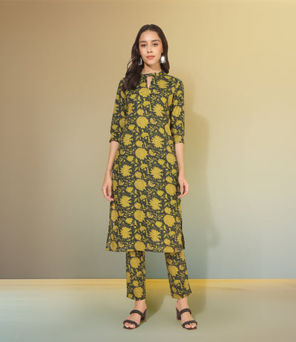 Dark Green Cotton Floral Straight Co-ord Set