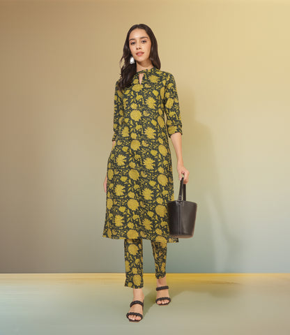 Dark Green Cotton Floral Straight Co-ord Set