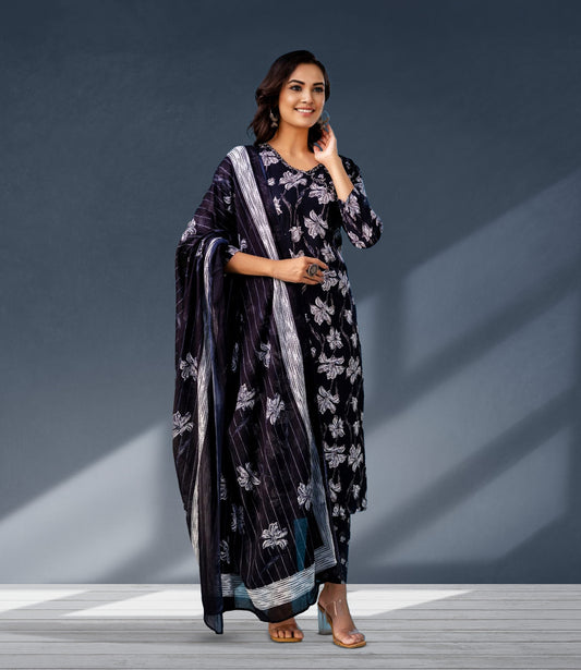 Navy Blue Floral Print Kurta Set