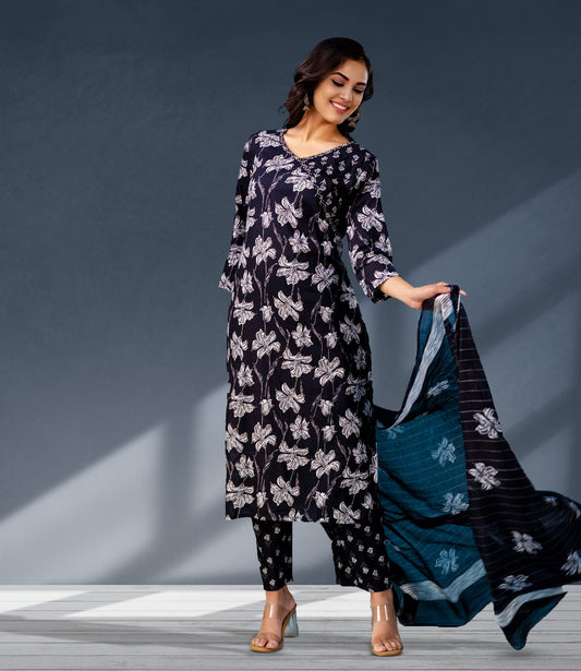 Navy Blue Floral Print Kurta Set