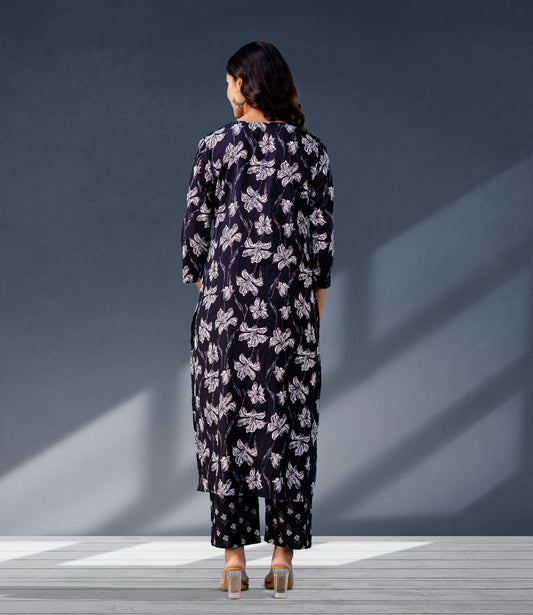 Navy Blue Floral Print Kurta Set