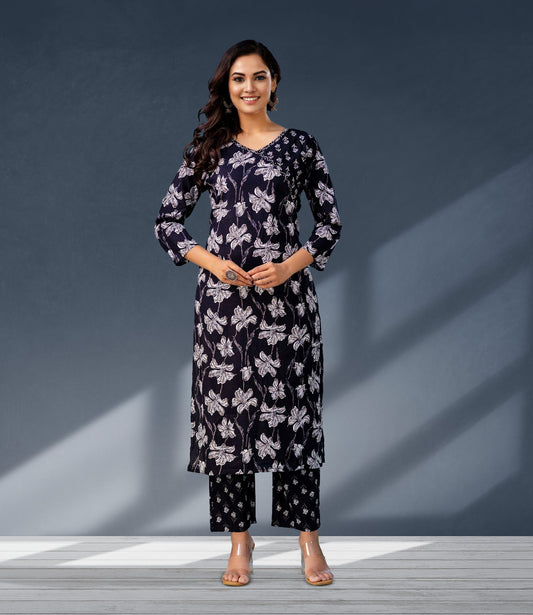 Navy Blue Floral Print Kurta Set