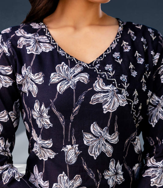 Navy Blue Floral Print Kurta Set