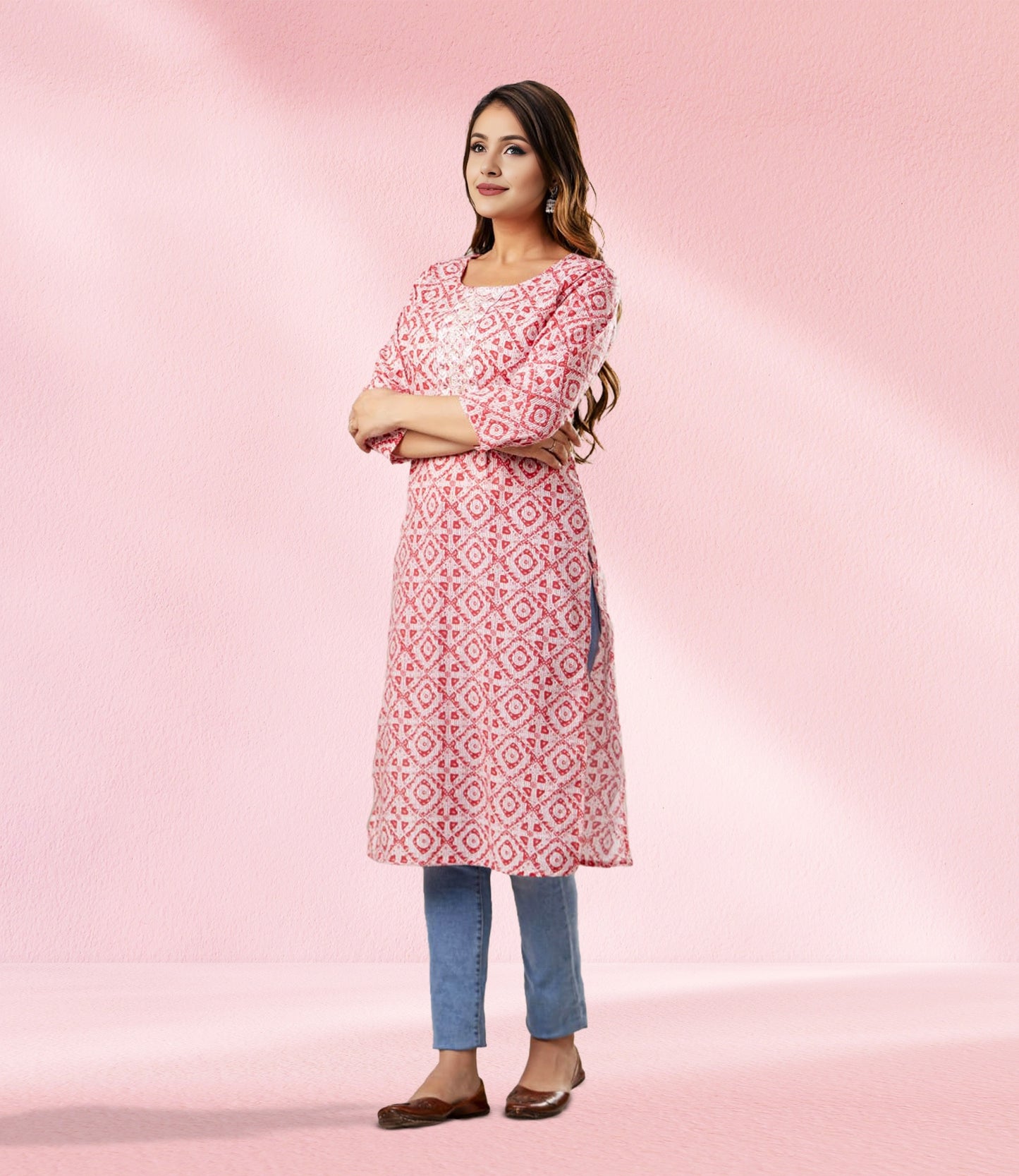 Pink Peach Cotton Geometric Print Kurta