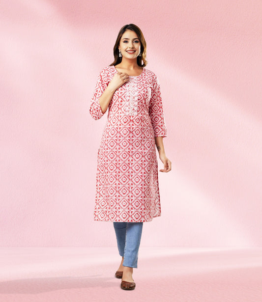 Pink Peach Cotton Geometric Print Kurta