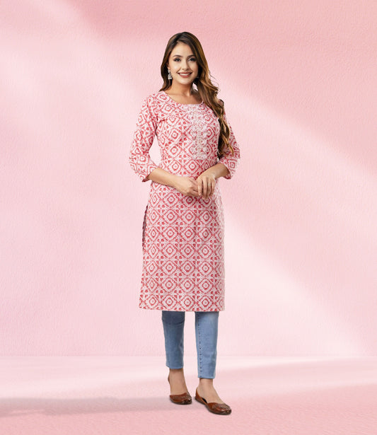 Pink Peach Cotton Geometric Print Kurta