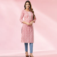 Pink Peach Cotton Geometric Print Kurta