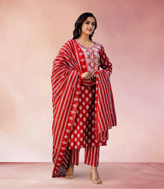 Red Bandhani Print Kurta Set