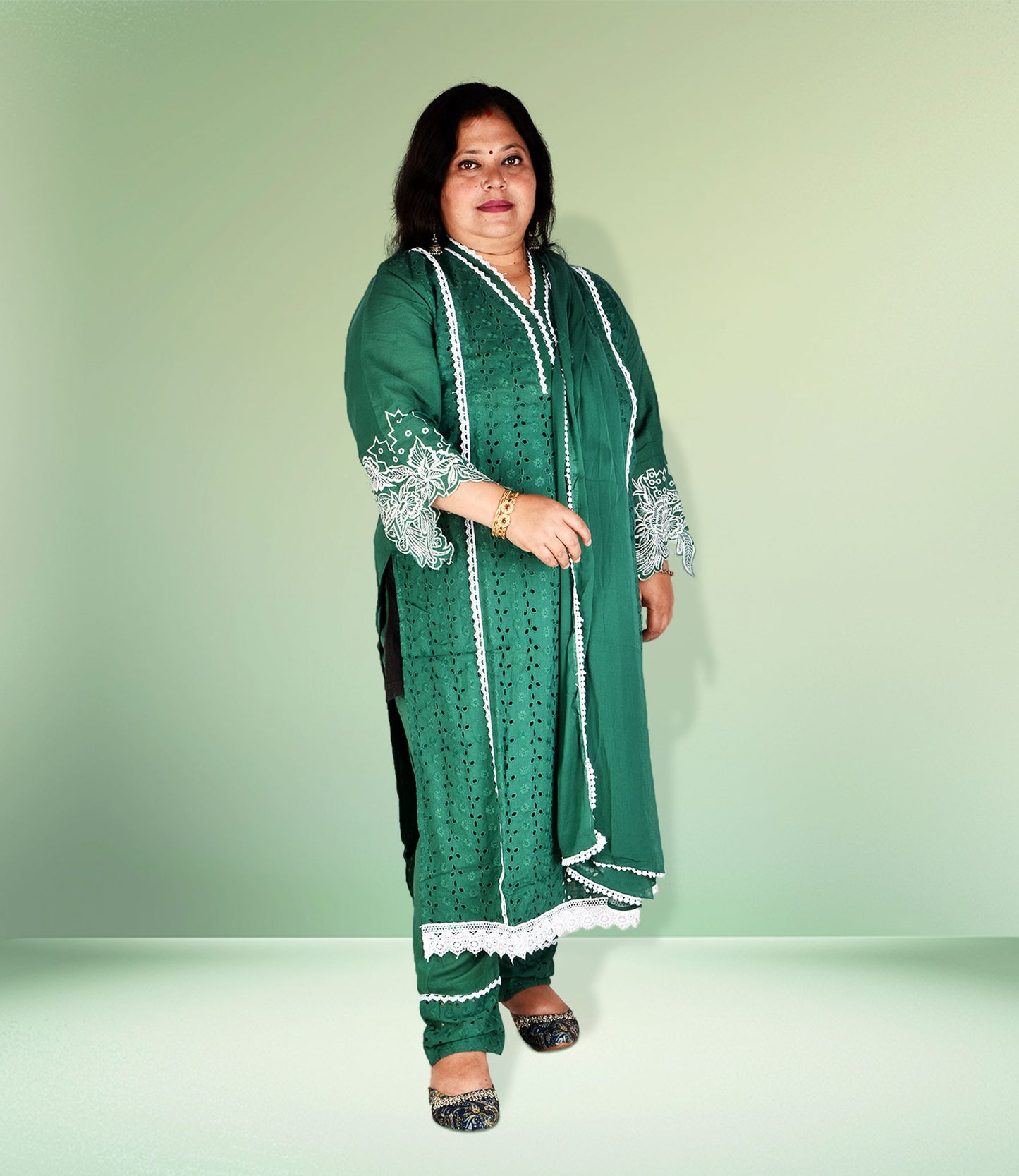 Green Embriodery Kurta with Trousers and Dupatta