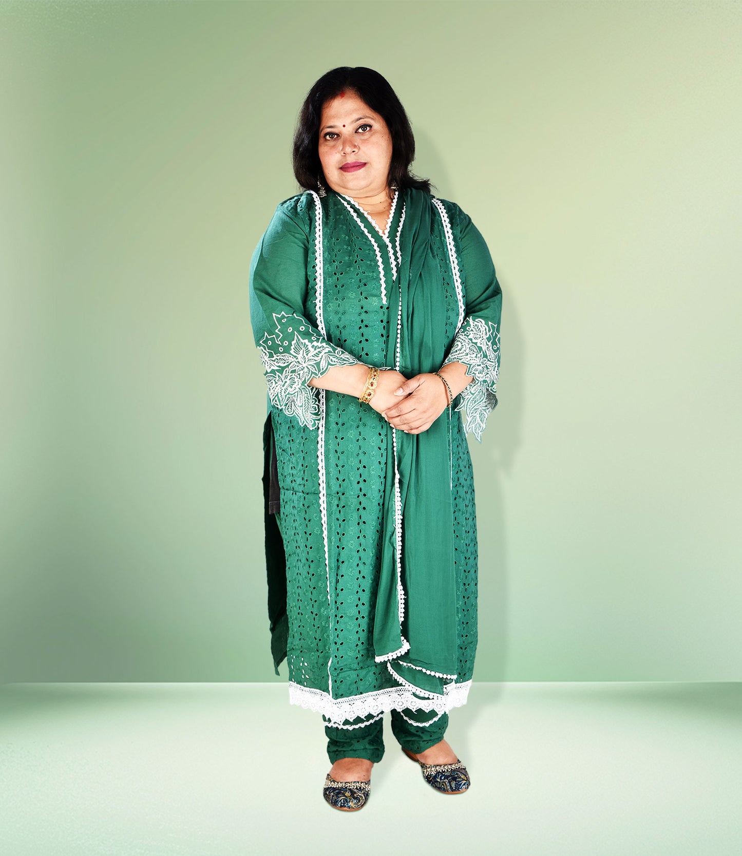 Green Embriodery Kurta with Trousers and Dupatta