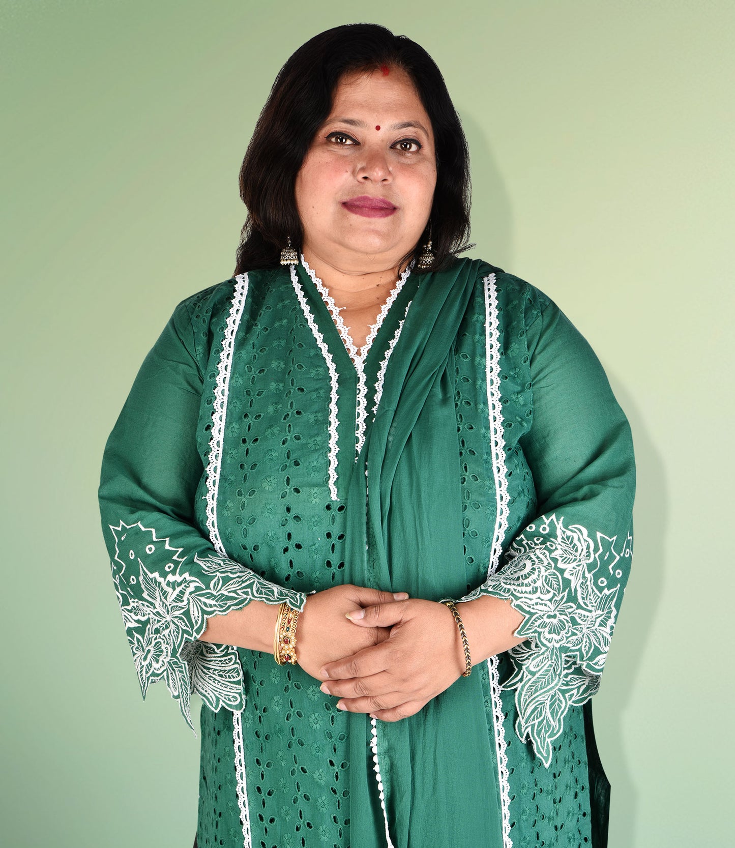 Green Embriodery Kurta with Trousers and Dupatta