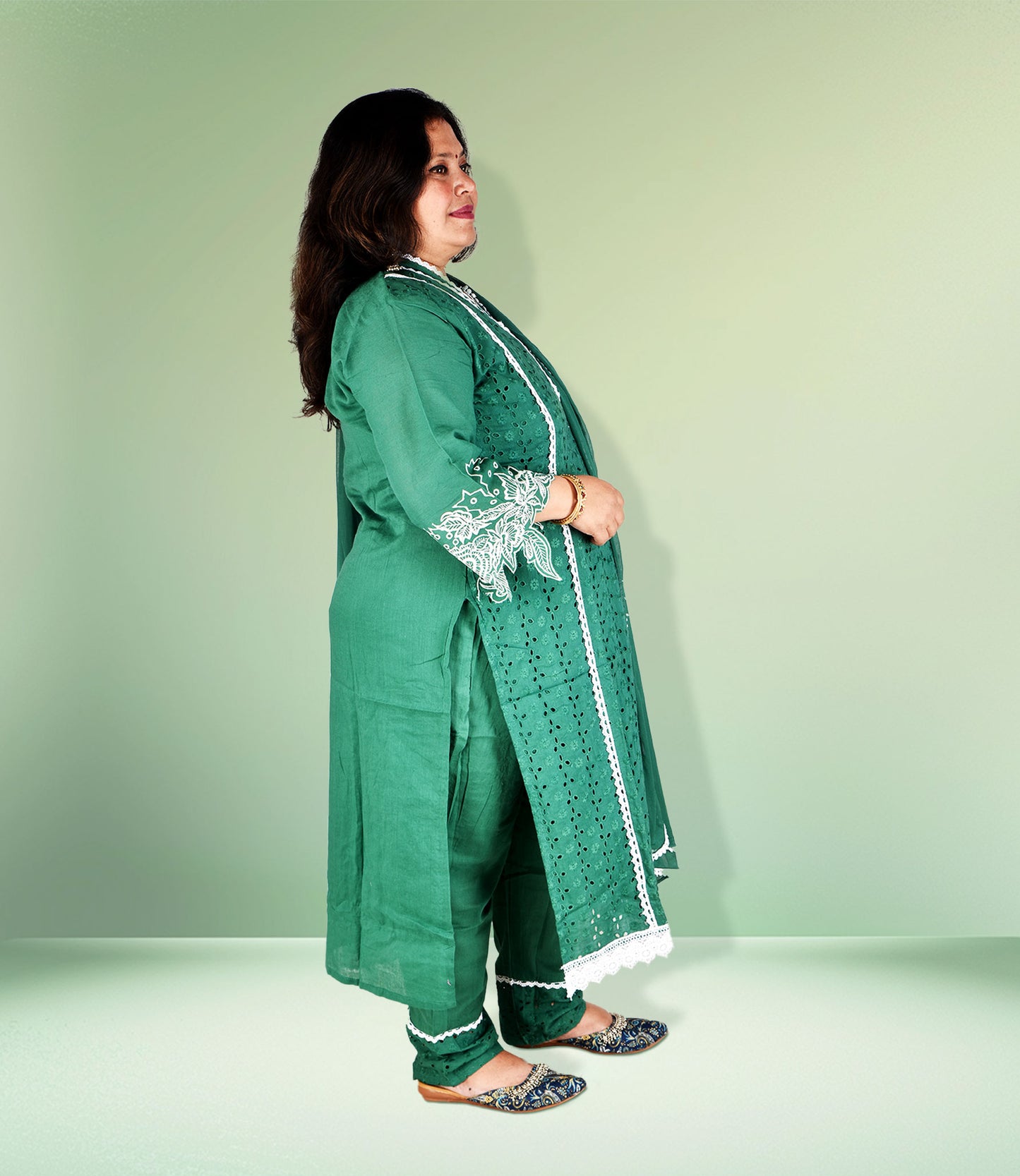 Green Embriodery Kurta with Trousers and Dupatta