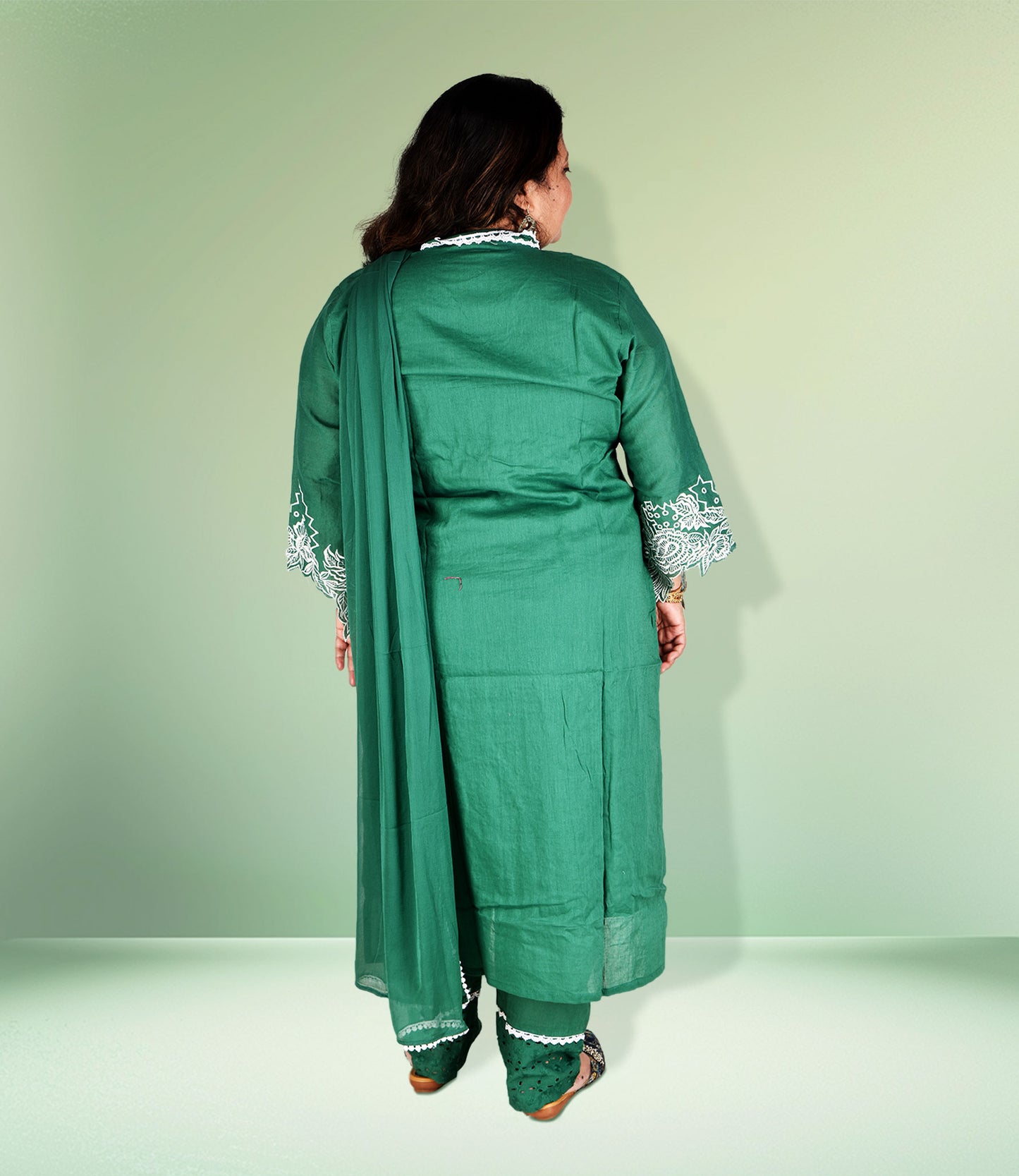 Green Embriodery Kurta with Trousers and Dupatta