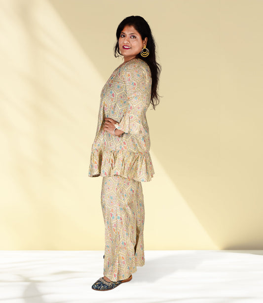 Yellow Colored Muslin Madhubani Print Co-ord Set