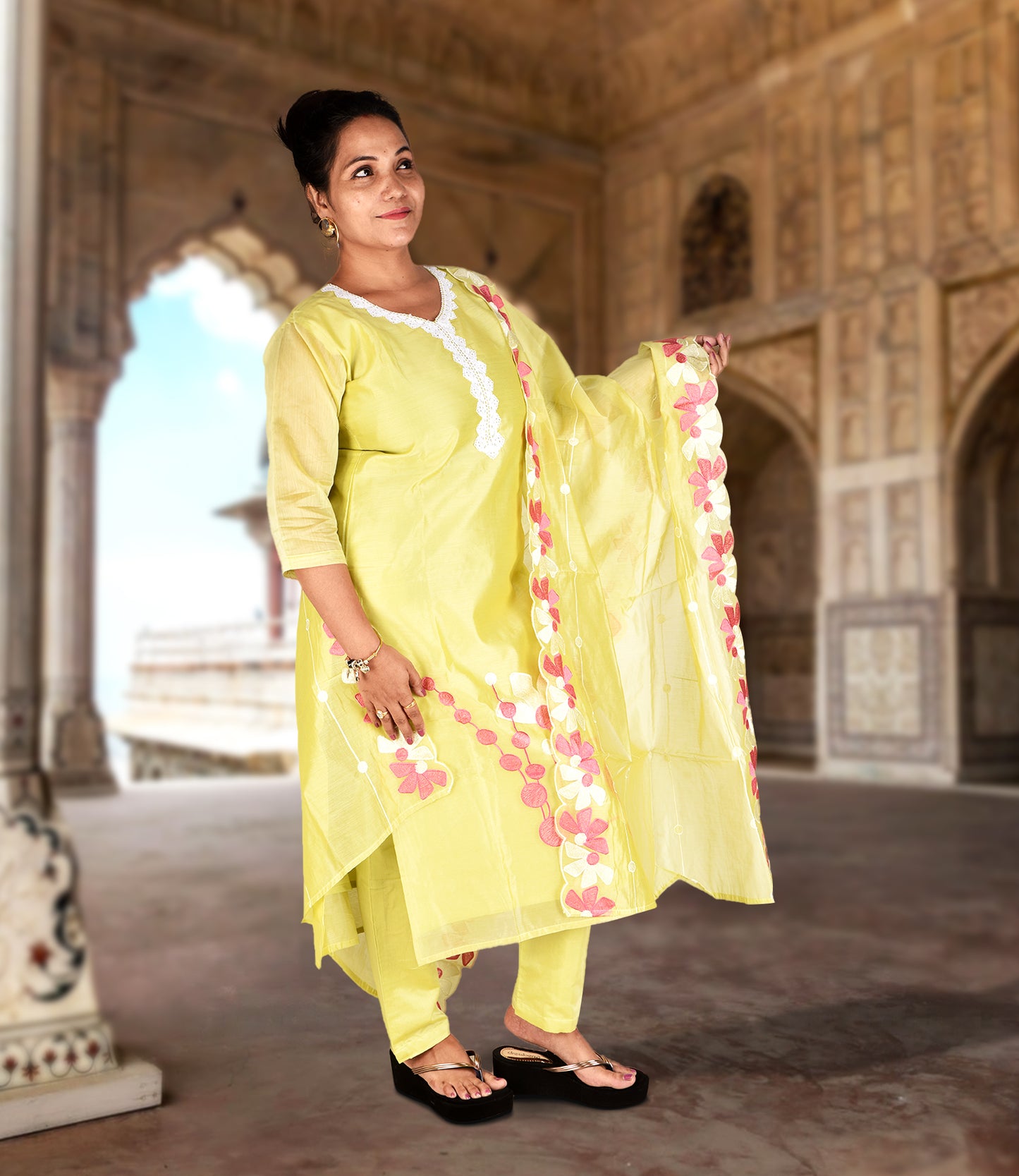 Yellow Embriodered Kurta with Trousers and Dupatta